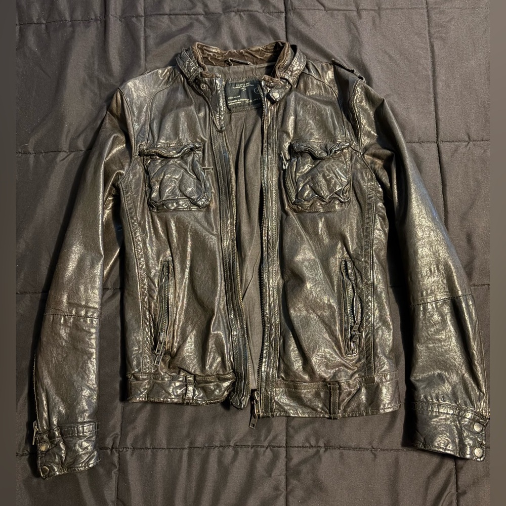 All Saints Vintage Men’s Black-chocolate moto/biker Leather Jacket